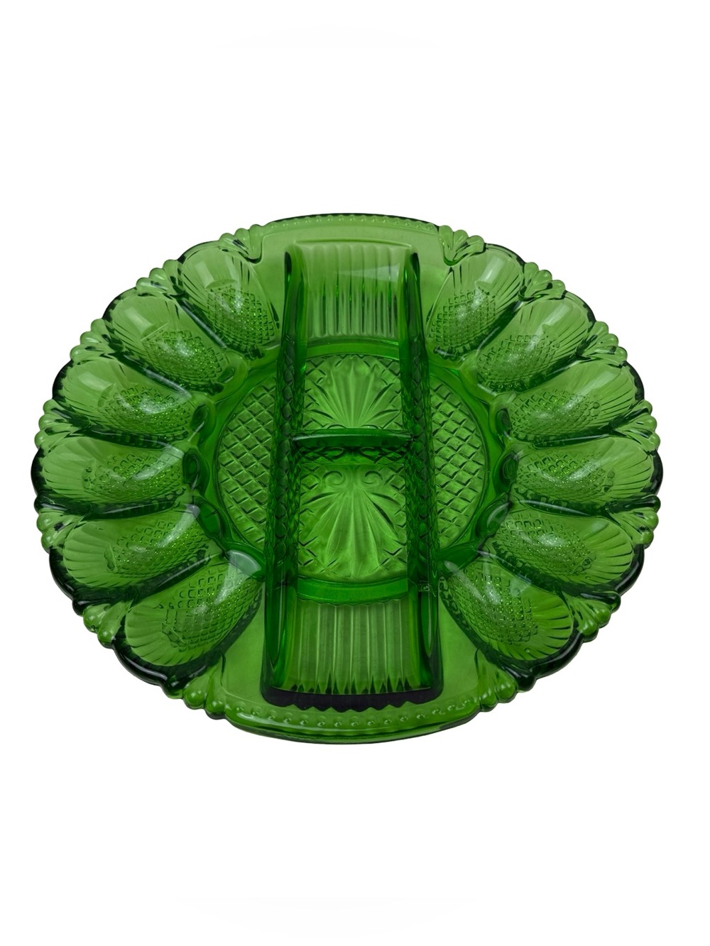 11” LE Smith Green 12 Deviled Egg Plate Relish Tray Diamond Pressed Glass Vtg
